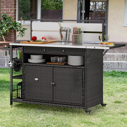 YITAHOME XL Outdoor Kitchen Island, Outdoor Bar Table & Storage Cabinet, Wheels and Stainless Steel Extended Table Top, Side Handle for Patio Kitchen or Bar Cart, Dark Brown