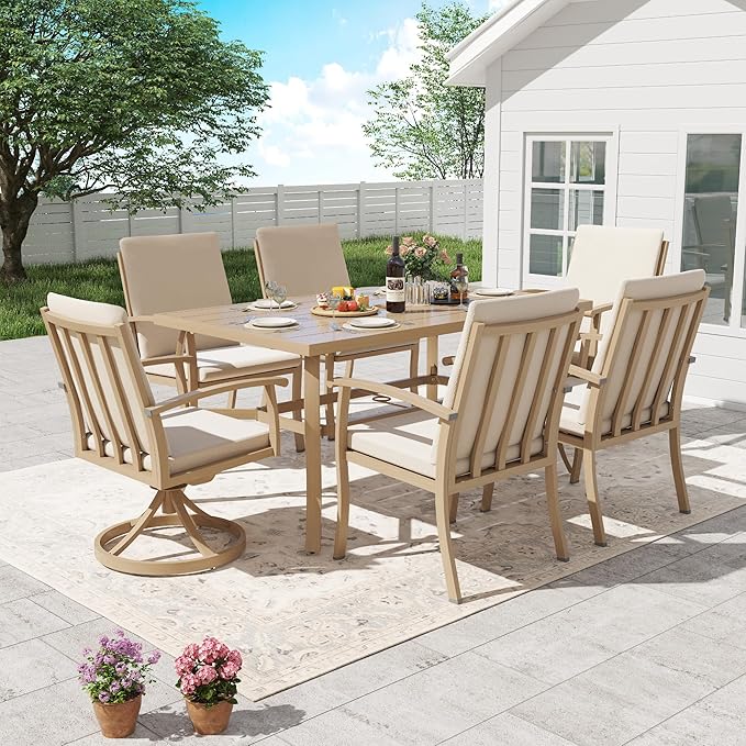 HAPPATIO 7 Piece Patio Dining Set, Aluminum Outdoor Dining Set for 6, Patio Furniture Sets, 2 Swivel Dining Chairs, 4 Dining Chairs, Aluminum Furniture Set for Patio, Yard (Beige)