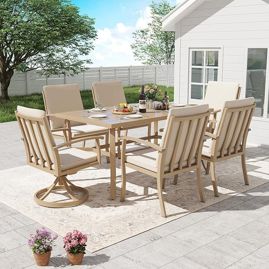 HAPPATIO 7 Piece Patio Dining Set, Aluminum Outdoor Dining Set for 6, Patio Furniture Sets, 2 Swivel Dining Chairs, 4 Dining Chairs, Aluminum Furniture Set for Patio, Yard (Beige)