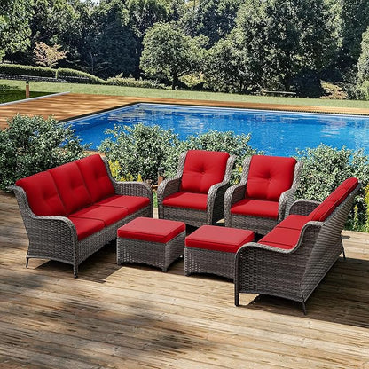 Joyside Patio Furniture Set 6 Pieces - Outdoor Rattan Furniture Set with 2 Armchairs, 2 Couch and 2 Ottomans, Olefin Cushions Included(Mixed Grey/Red)