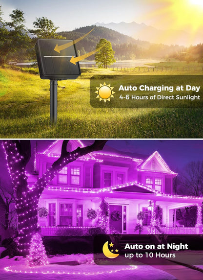 Brightown 2-Pack 400LED 170FT Total Halloween Solar Outdoor Lights IP65 Waterproof Solar Powered Lights with 8 Lighting Modes for Party Garden Yard Home Holiday Tree Decoration Lighting,Purple