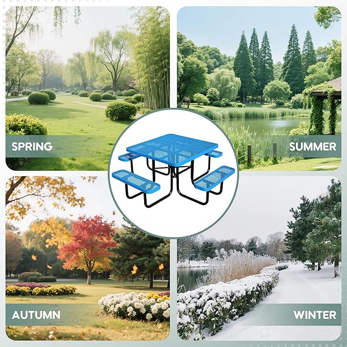 46" Square Picnic Table for Outside,Heavy Duty Metal Picnic Table Bench Set with 2in Umbrella Hole, 1600 lb Capacity,Commercial Dining Table Furniture for Garden Yard Patio Party Coffee Shop