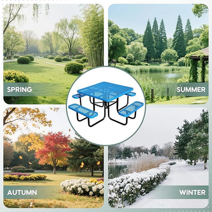 46" Square Picnic Table for Outside,Heavy Duty Metal Picnic Table Bench Set with 2in Umbrella Hole, 1600 lb Capacity,Commercial Dining Table Furniture for Garden Yard Patio Party Coffee Shop