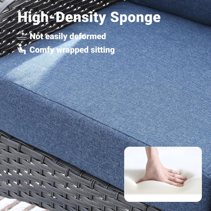 ovios 4 Pieces Patio Furniture Set with 25" Fire Pit, Outdoor Wicker Chairs of 4, All Weather High Back Rattan Chairs 4-Seater with Comfy Cushions, Denim Blue