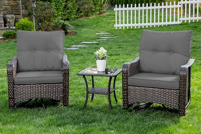 Gotland 3 Pieces Patio Set, Outdoor Swivel Chairs Set of 2 with 4'' Waterproof Cushions High Back Double-Layer Side Table, Wicker Rocking Patio Chairs Set of 2 for Balcony, Porch, Garden Gray