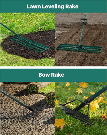 Lawn Leveling Rake 33x10'', Yard Leveling Rake with 78'' Back-Saving Adjustable Handle, Stainless Steel Lawn Leveler Tool with 17'' Tines Head for Garden, Backyard, Farm, Golf Course