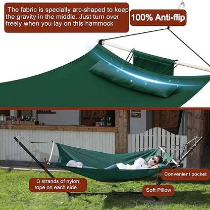 TegerDeger Anti-flip 12FT Hammock Large Hammock 450LB Capacity with Iron Spreader Bar & Nylon Rope for Outside, Patio, Garden, Backyard, Beach - Dark Green