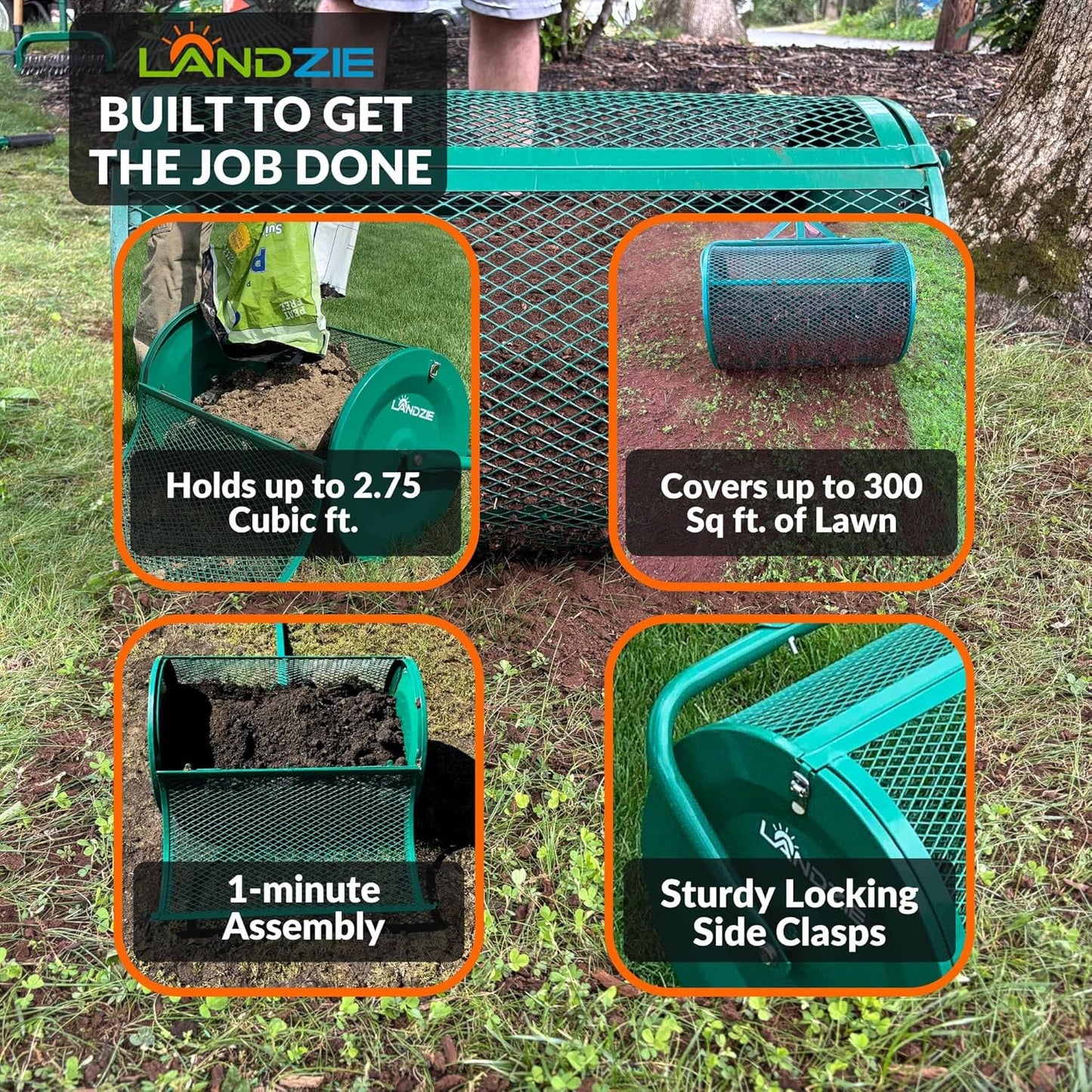 LANDZIE - The Original 24 Inch Compost and Peat Moss Spreader Roller - Top Soil, Sand, Manure, Mulch, Top Dressing Lawn and Garden Spreader