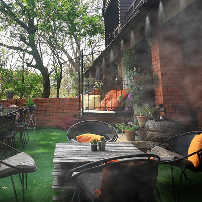 Mornajina Outdoor Misting Cooling System with Pump Kit, 49.2FT(15M) Misting Line with Filter, 20 Brass Mist Nozzles, 1 Brass Adapter (3/4"), 12V DC 60W 5L/Min, Self Priming Sprayer Water Pump