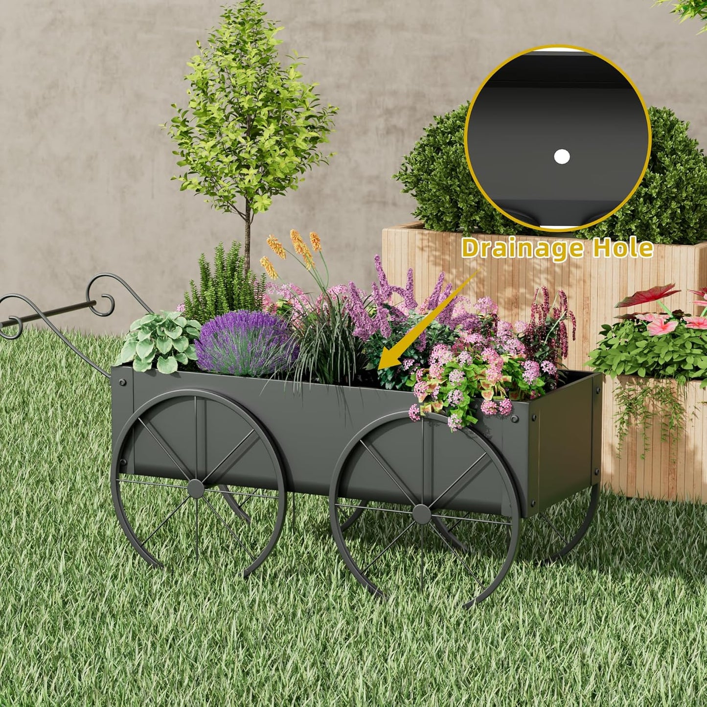 Metal Raised Garden Bed with Wagon Wheels, Small Wagon Planter Box Outdoor, Decorative Garden Planter Flower Cart for Flowers Herbs Vegetables, Patio and Balcony Decor (Black)