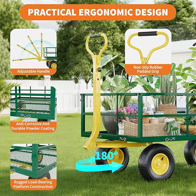 1200LB Capacity Garden Cart, 3-in-1 Heavy Duty Utility Wagon with 13" All-Terrain Tires, Removable Mesh Sides & 180° Swivel Handle - Outdoor Yard Cart for Gardening, Farming, Patio Use