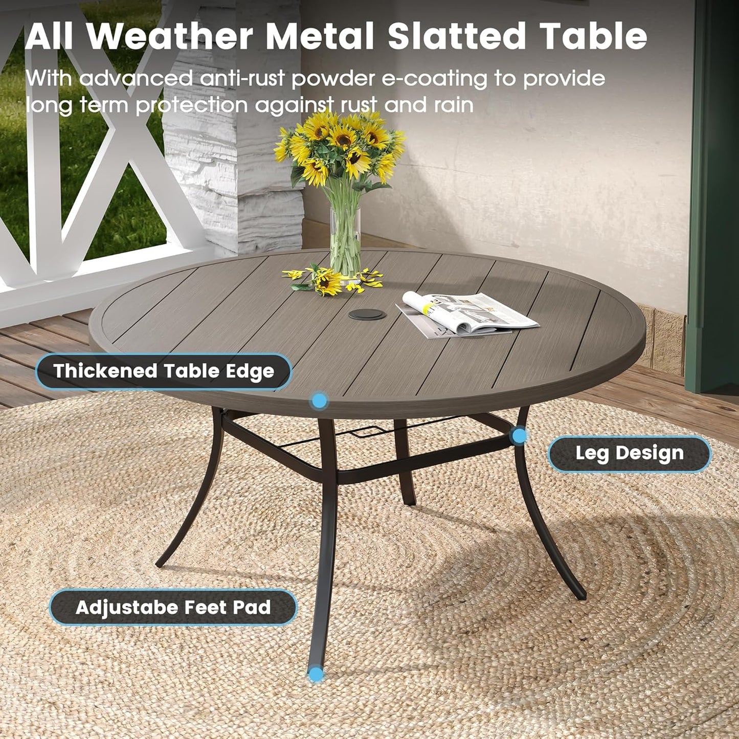DIFY Patio Round Dining Table, 53" All Weather Round Outdoor Table with 1.57" Umbrella Hole for 8 Person, Perfect for Yard, Balcony and Lawn, Grey Wood-Like