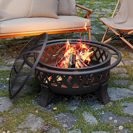 37 Inch Outdoor Fire Pit with Poker, Wood Burning Fire Pit with Spark Screen Cover, Firepits for Outside Backyard, Patio, Camping