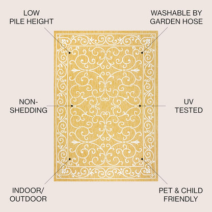 JONATHAN Y SMB106L-5SQ Charleston Vintage Filigree Textured Weave Indoor Outdoor Area Rug, Classic Traditional Transitional Easy Cleaning,Bedroom,Kitchen,Backyard,Patio, Yellow/Cream, 5' Square