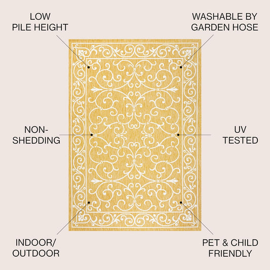 JONATHAN Y SMB106L-5SQ Charleston Vintage Filigree Textured Weave Indoor Outdoor Area Rug, Classic Traditional Transitional Easy Cleaning,Bedroom,Kitchen,Backyard,Patio, Yellow/Cream, 5' Square