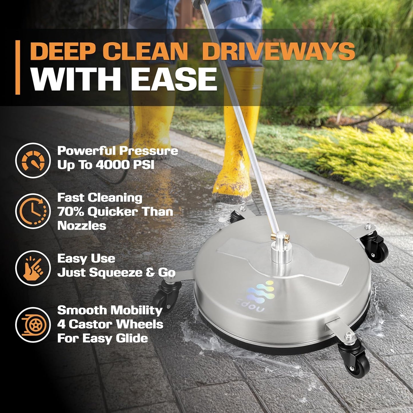 EDOU 18 inch Pressure Washer Surface Cleaner - Stainless Steel Power Washer Attachment - 4,000 PSI Max - Concrete Cleaner with Dual Nozzles and Extension Wands - Silver