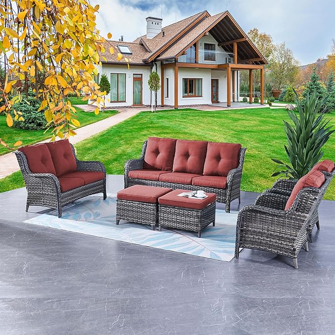 Rilyson Outdoor Patio Furniture Sofa Set - 6 Piece Rattan Wicker Patio Sectional Conversation Sets with 1 Sofa,1 Loveseat,2 Armrest Chairs and 2 Ottomans for Porch Deck Garden(Mixed Grey/Red)