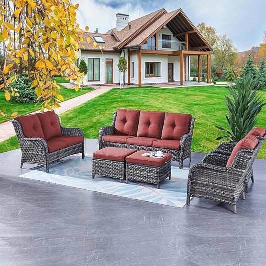 Rilyson Outdoor Patio Furniture Sofa Set - 6 Piece Rattan Wicker Patio Sectional Conversation Sets with 1 Sofa,1 Loveseat,2 Armrest Chairs and 2 Ottomans for Porch Deck Garden(Mixed Grey/Red)