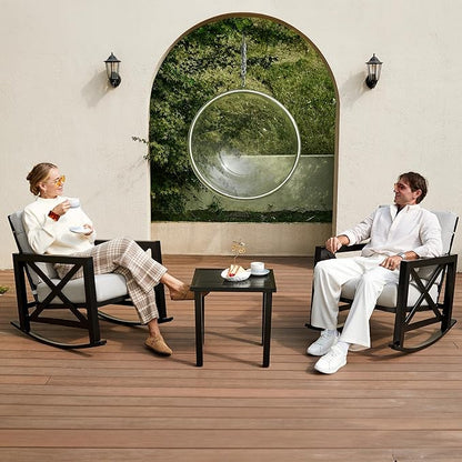 NATURAL EXPRESSIONS Patio Rocking Bistro Set, 3 Piece Outdoor Conversation Furniture Set with 2 Rockers and 1 Metal Coffee Table with Thick Cushions,2 Pack Patio Chair Covers Included