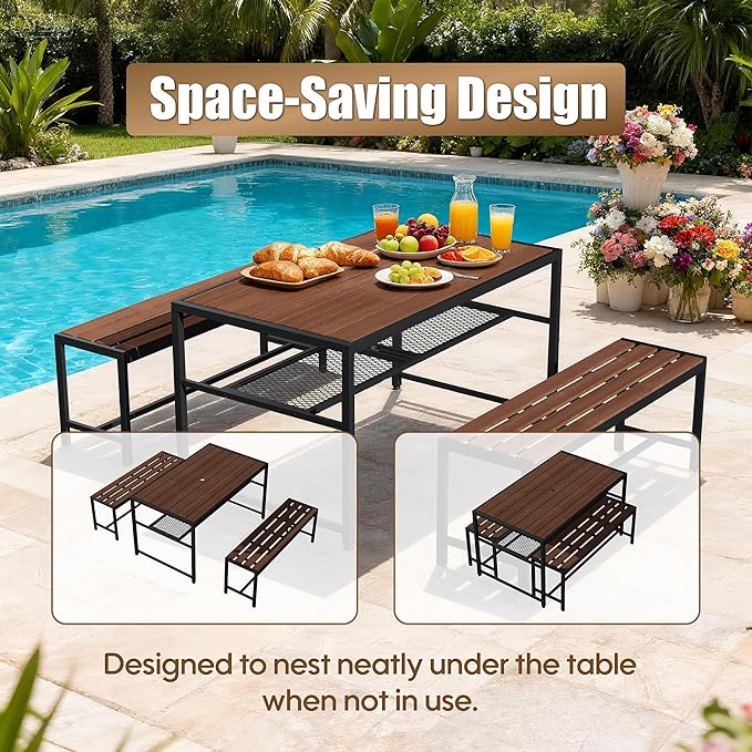55'' Outdoor Picnic Table and Bench Set with 2" Umbrella Hole and Storage Shelf, Patio Dining Set for 6 People, Outdoor Dining Table and Chair for Garden Yard Porch- Brown