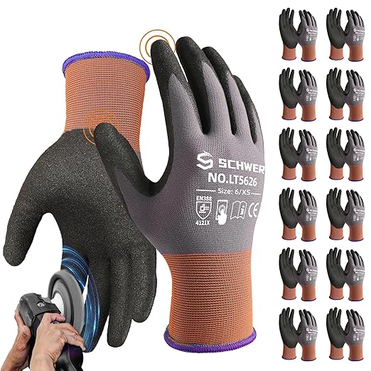 Schwer 12 Pairs Safety Work Gloves with Sandy Nitrile Coating LT5626, Max Abrasion Resistance Heavy Duty Gloves with Grip for Men Women, Ideal for General Use, Mechanic, Construction, Gardening, XS