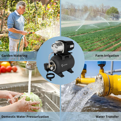 LANCHEZ 1.6HP Shallow Well Pump with Pressure Tank, 115V 1340GPH Automatic Irrigation Water Booster Jet Pump, Stainless Steel Water Transfer Pump for Home Garden Lawn Sprinkler Irrigation, Matte