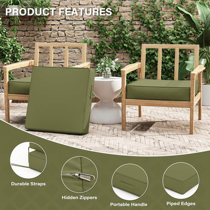 Patio Chair Cushions 24 X 24 X 5 Inch Waterproof Outdoor Seat Cushions for Patio Furniture, Outdoor Sofa Couch Pads with Ties & Handle, Set of 2, Light Green