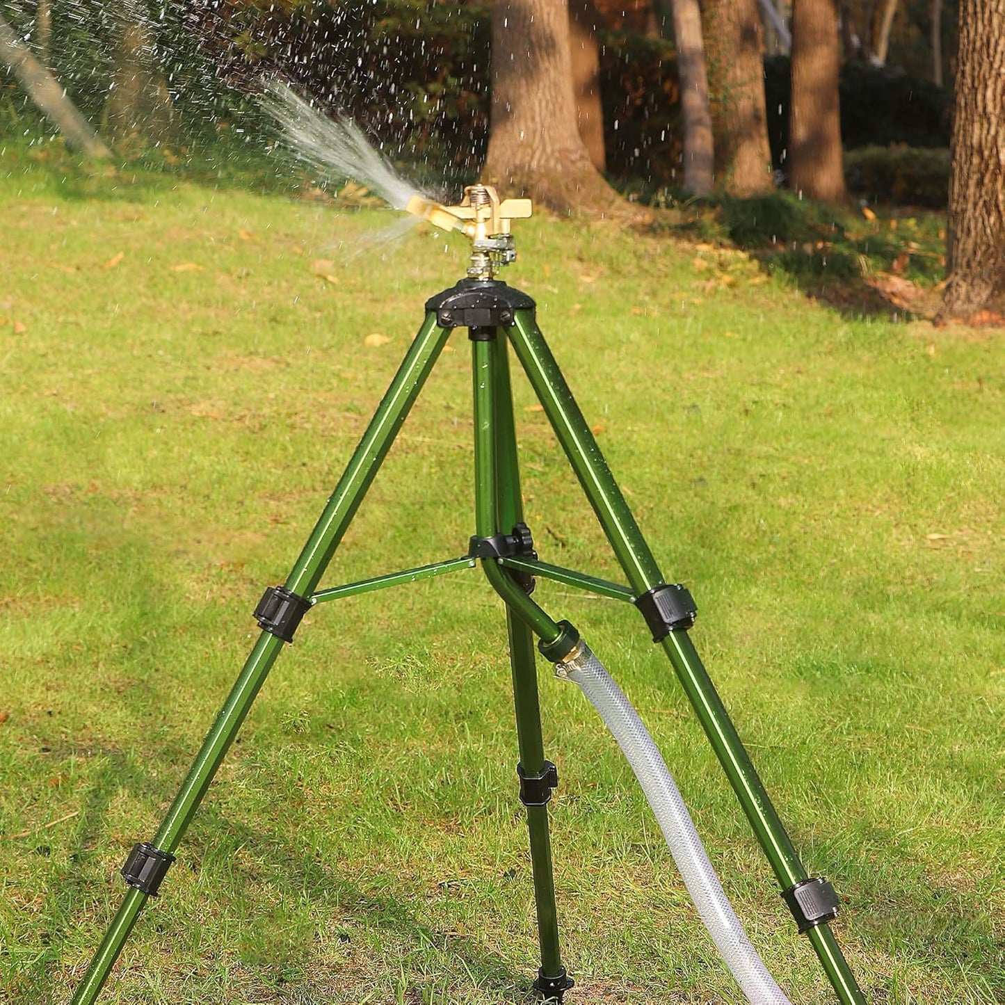 Triumpeek Impact Sprinkler on Tripod Base with Stakes, 360 Degree Large Area Coverage Irrigator with Extension Legs, Adjustable Brass Sprinkler Head Nozzle and 3/4" NH Inlet Hose Connection (1)