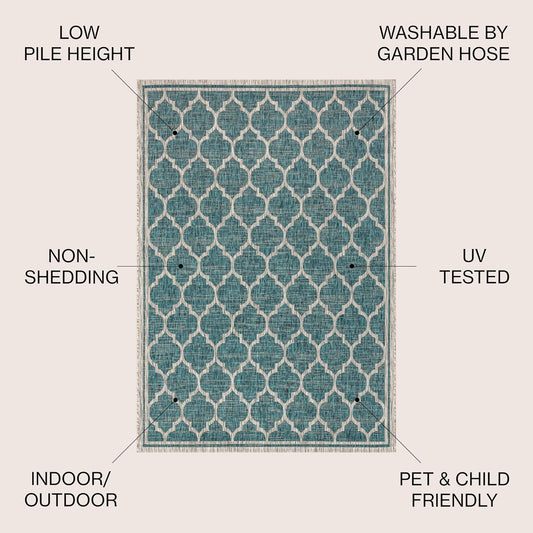 Eyely BMS109E-6R Santa Monica Trebol Moroccan Trellis Textured Weave, Pet Friendly, Non-Shedding, Stain Resistant, Easy-Cleaning, Teal/Gray, 6' Round, Indoor/Outdoor, Area Rug