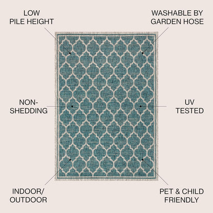 Eyely BMS109E-4R Santa Monica Trebol Moroccan Trellis Textured Weave, Pet Friendly, Non-Shedding, Stain Resistant, Easy-Cleaning, Teal/Gray, 4' Round, Indoor/Outdoor, Area Rug