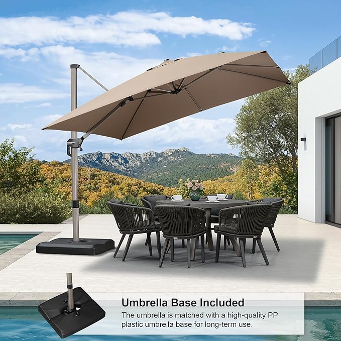 PURPLE LEAF 10FT Patio Umbrella with Base Cantilever Umbrella Square Outdoor Offset Umbrella with Champagne Frame and 360° Rotation for Garden Deck Pool, Taupe