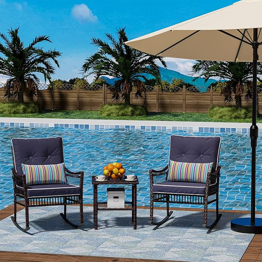 DECMICO Outdoor Rocking Chairs 3 Pieces Patio Conversation Front Porch Furniture, Wicker Bistro Set with Coffee Table for Garden and Balcony (Brown Rattan Royal Blue Cushion)