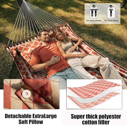 13FT Double Hammock With Spreader Bars - 600 lbs Capacity, Detachable Pillow, Heavy Duty Hanging Tree Design for Outside, Patio, Garden, Backyard, Beach, and Poolside