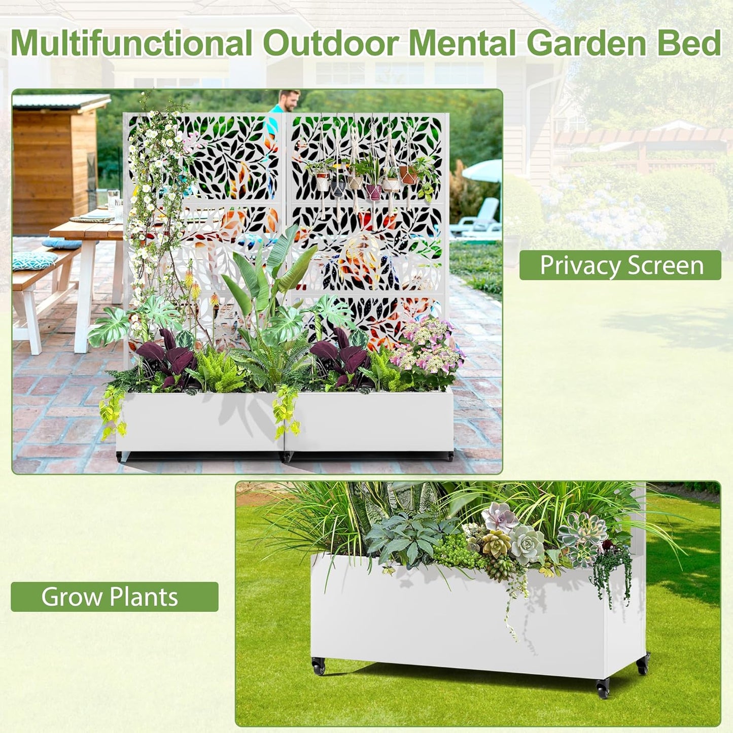 Raised Garden Bed with Trellis and Wheels,73"x35"x16" Metal Raised Garden Bed,White Flowing Leaf-2 Metal Planter with Climbing Trellis for Vines & Vegetables