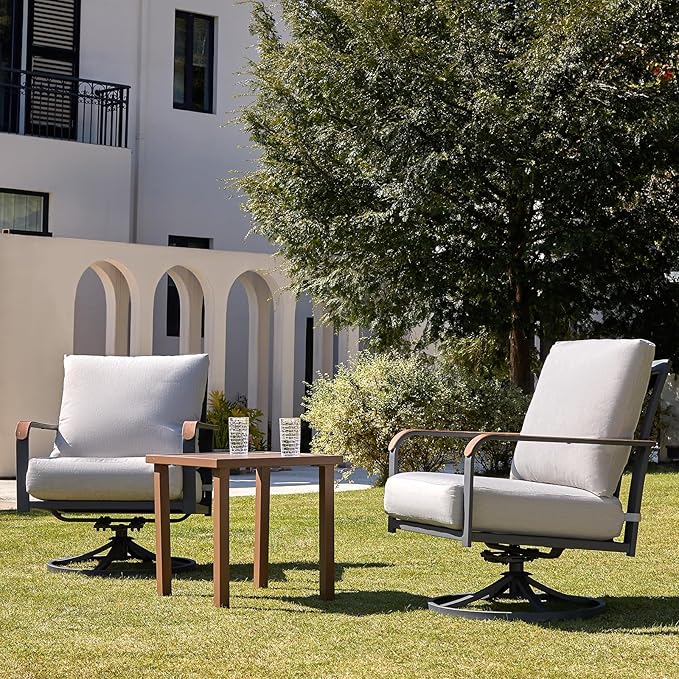 NATURAL EXPRESSIONS Outdoor Bistro Set, 3 Piece Swivel Glider Rocking Chairs Patio Conversation Furniture Set with 2 Rockers, 1 Metal Table and 6" Thick Cushions for Backyard, Porch, Balcony, 350lbs.