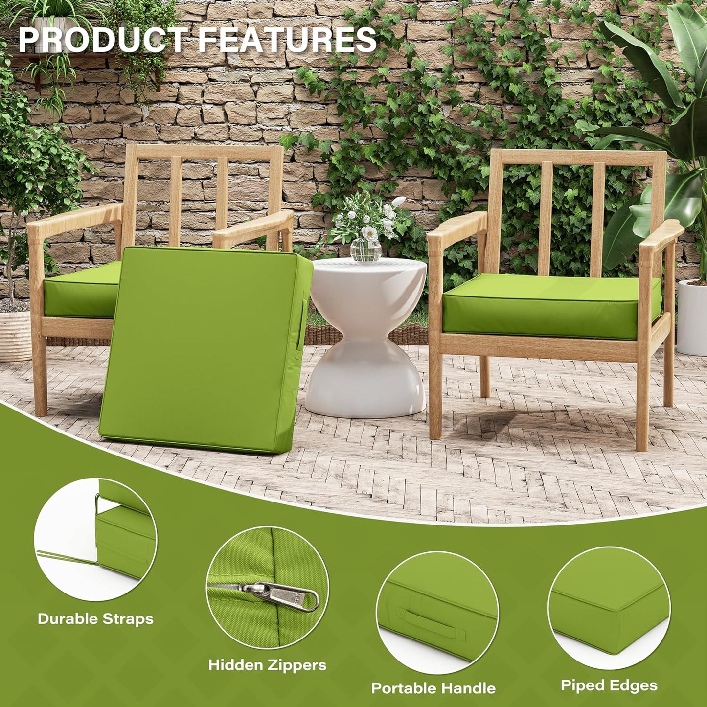 Patio Chair Cushions 22 X 22 X 4 Inch Waterproof Outdoor Seat Cushions for Patio Furniture, Outdoor Sofa Couch Pads with Ties & Handle, Set of 2, Grass Green