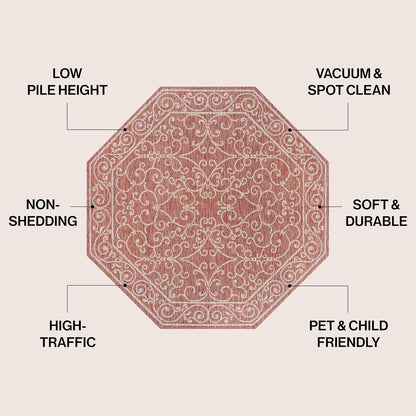 JONATHAN Y SMB106B-8TGN Charleston Vintage Filigree Textured Weave Red/Beige 8' Octagon Indoor/Outdoor Area Rug, Non-Shedding, Stain Resistant,Fade Resistant, Easy-Cleaning for Backyard Patio, Porch