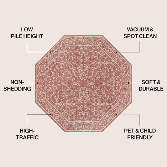 JONATHAN Y SMB106B-5TGN Charleston Vintage Filigree Textured Weave Red/Beige 5' Octagon Indoor/Outdoor Area Rug, Non-Shedding, Stain Resistant,Fade Resistant, Easy-Cleaning for Backyard Patio, Porch