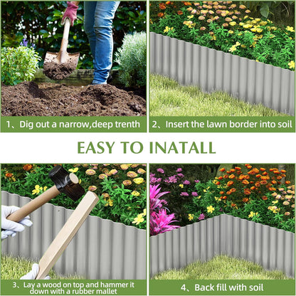 Metal Garden Edging Border, Corrugated Steel Landscaping, DIY for Lawn (Silver, 10 Inch x 10FT)