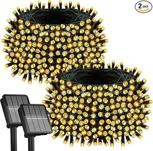 2Pack-300LED Solar String Lights, 112Ft Solar String Lights Outdoor with 8 Modes ，Solar Christmas Lights Outdoor Waterproof for Yard, Fence,Balcony, Party,Christmas Tree Decorations (Warm White)