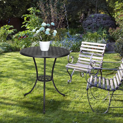 24" Outdoor Round Patio Bistro Table, Cast Aluminum Outdoor Cafe Table with 2 inch Umbrella Hole for Porch,Backyard,Garden, (Classic Square Pattern, Black)