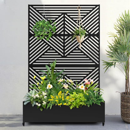 FENCY Metal Raised Garden Bed with Wheels and Trellis,73"x47"x16" Planter Box for Climbing Plants, Vegetables & Vines, Features Privacy Screen and Drainage Holes (Black-Modern)