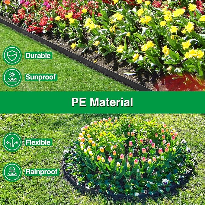 Bonviee 1.5 Inch x 66FT Garden Border Edging Kit with 100 Anchoring Spikes, Flexible Garden Edging for Landscaping, Flower Beds, Lawn, Yard, and Paver Pathways