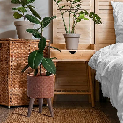 D'vine Dev 8 Inch Modern Geometric Tile Patterned Sleek Planter Pot with Stand, Indoor Outdoor Decorative Plant Holder, Terra Cotta, 88-Z-A-3