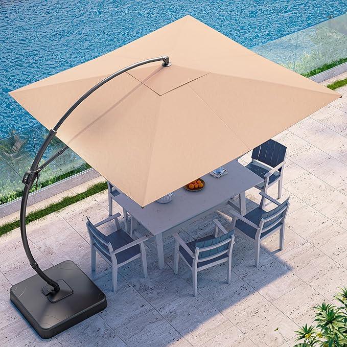 LAUSAINT HOME 10x10FT Patio Umbrella with Base, Large Square Cantilever Umbrella Heavy Duty Offset Hanging Umbrella with 360° Rotation for Market, Pool, Garden, Backyard (Beige 10x10FT)