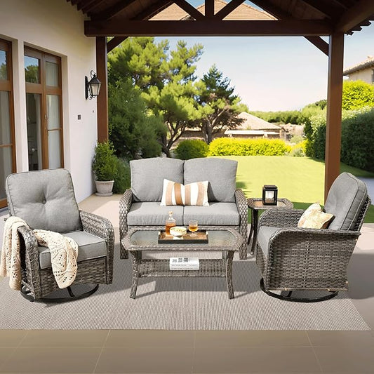 ovios 5 Pieces Patio Furniture Set, Outdoor Wicker Sofa with Swivel Chairs, Coffee Table, All Weather High Back Rattan Loveseat Couch with Comfy Cushions, Dark Grey