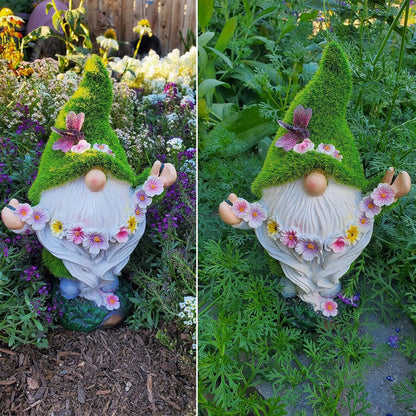 Garden Flocked Gnomes Decor for Yard - Artificial Green Moss Gnome Statue with Solar Light, Dwarf Sculpture for Outdoor Patio Porch Lawn Decor, Spring Decorations for Home