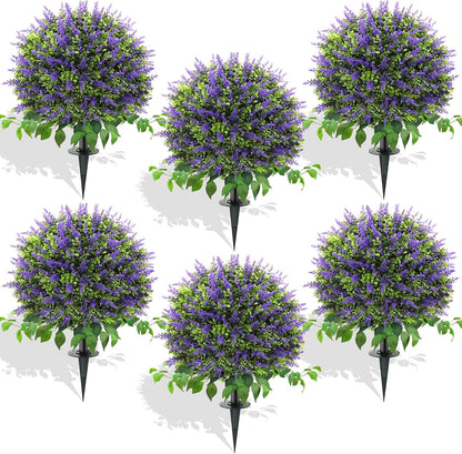 28" Artificial Boxwood Topiary Ball with Lavender, UV Resistant Topiary Tree Faux Boxwood Ball Shaped Porch Bushes with Ground Spike Artificial Bushes for Outdoors Front Door Decor Home Garden