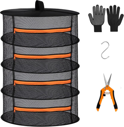 Desy & Feeci Herb Drying Rack-2ft Diameter 4 Layer Folding Mesh Hanging Basket Dryer Net with Zippers for Seeds Flowers Buds Plants Garden Outdoor Bumper Harvest(D24xH31 inch)
