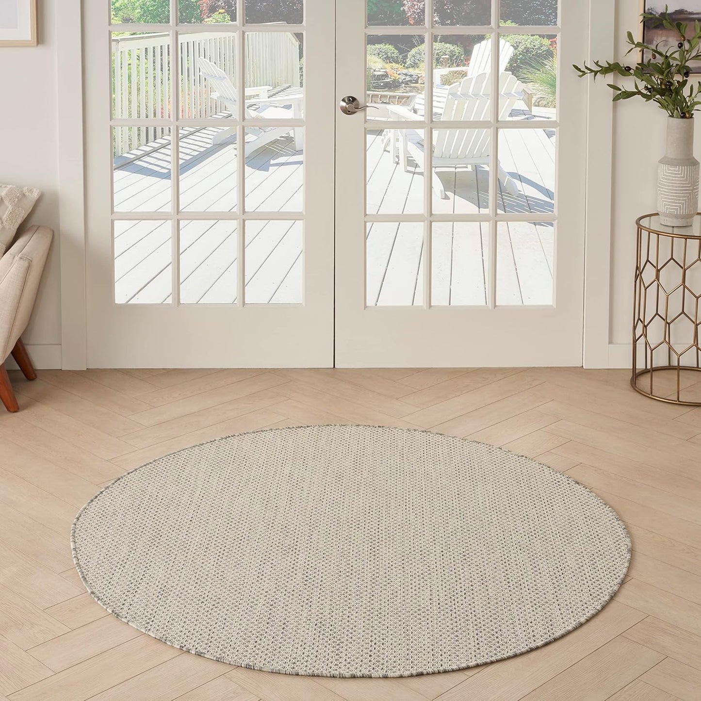 Nourison Home Courtyard Indoor/Outdoor Ivory/Silver 4' x Round Area Rug, Easy Cleaning, Non Shedding, Bed Room, Living Room, Dining Room, Backyard, Deck, Patio (4 Round)